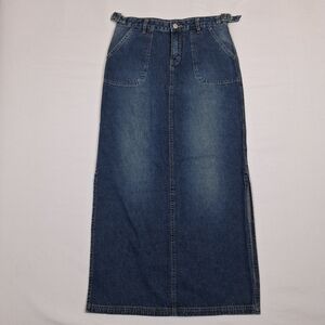 Vtg Union Bay UB Jeans Denim Maxi Skirt Size 5 Blue Zippered Fly Snap Pockets